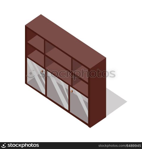 Home and office furniture in isometric projection. Rack with glass doors vector. Furniture illustration for stores ad, icons, infographics, logo, web and games environment design. On white background. Home and Office Furniture in Isometric Projection. Home and Office Furniture in Isometric Projection