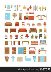 Home and office furniture interiors flat icons set. Home and office furniture interiors flat icons set. Furniture for home and office, furniture table sofa and armchair. Vector illustration