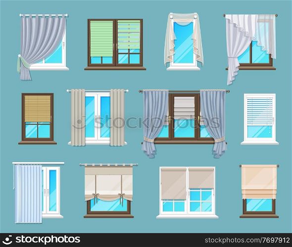 Home and office interior window blinds, shades and curtains. Apartment or house window coverings set. Cartoon vector Persian, Venetian and Roman horizontal shades, long fabric curtains and tulle. House and apartment interior window blinds, shades