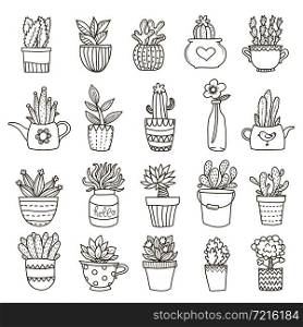 Home and office plants in bough pots decorative icons set with black outlines on blank background vector illustration. Domestic Plants Icon Set