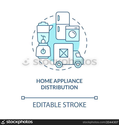 Home appliance distribution turquoise blue concept icon. Wholesale of domestic equipment. Distribution abstract idea thin line illustration. Vector isolated outline color drawing. Editable stroke. Home appliance distribution turquoise blue concept icon