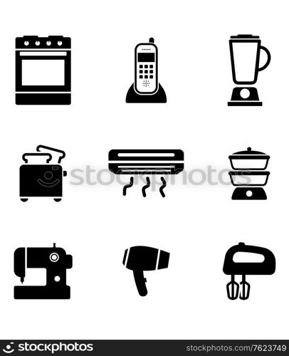 Home appliance icons set with on oven, telephone, liquidizer, toaster, heater, steamer, sewing machine, hairdryer and egg beater, black and white vector silhouettes