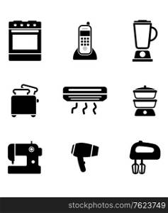 Home appliance icons set with on oven, telephone, liquidizer, toaster, heater, steamer, sewing machine, hairdryer and egg beater, black and white vector silhouettes