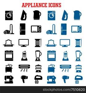 Home appliance icons with microwave vacuum iron refrigerator toaster tv set washing and sewing machines blender mixer fan stove kettle air conditioner telephone. Home appliance and equipment flat icons
