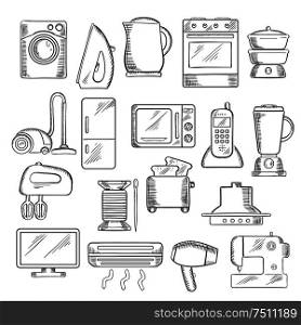 Home appliance icons with microwave, vacuum, iron, refrigerator, toaster, tv set, washing and sewing machine, blender, mixer and fan, stove kettle air conditioner telephone, steamer and cooker hood. Home and kitchen appliance icons set