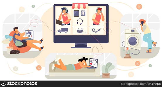 Home appliance online store flat composition with computer screen and human characters with electronic devices gadgets vector illustration