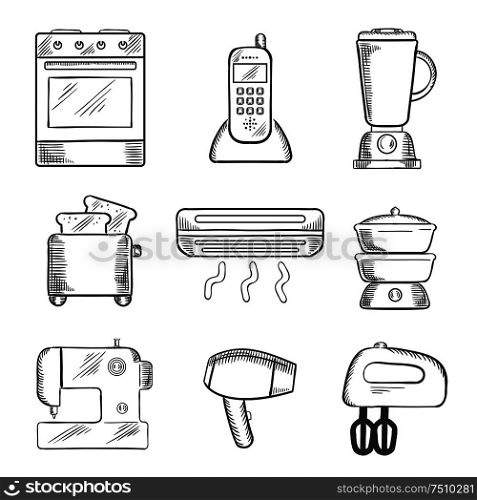 Home appliance sketched icons set with on oven, telephone, liquidizer, toaster, heater, steamer, sewing machine, hairdryer and egg beater. sketch style. Home appliance sketched icons set