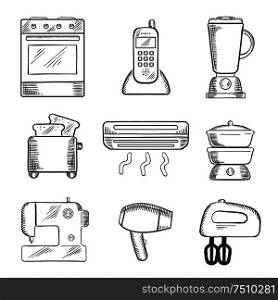 Home appliance sketched icons set with on oven, telephone, liquidizer, toaster, heater, steamer, sewing machine, hairdryer and egg beater. sketch style. Home appliance sketched icons set