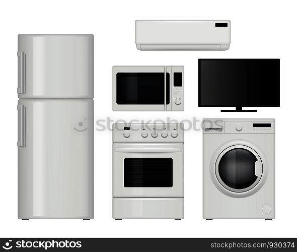 Home appliances. Household kitchen items vector realistic illustrations. Oven and refrigerator, stove and fridge, microwave equipment. Home appliances. Household kitchen items vector realistic illustrations