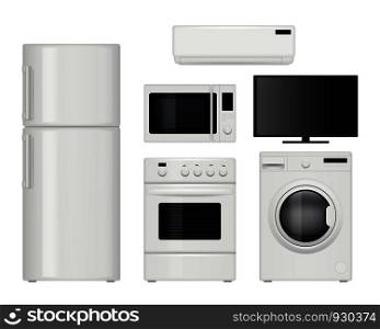 Home appliances. Household kitchen items vector realistic illustrations. Oven and refrigerator, stove and fridge, microwave equipment. Home appliances. Household kitchen items vector realistic illustrations
