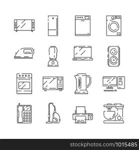 Home appliances icon. Electrical household items computer tv refrigerator microwave vector thin line isolated. Illustration of microwave and electric household, refrigerator and oven. Home appliances icon. Electrical household items computer tv refrigerator microwave vector thin line isolated