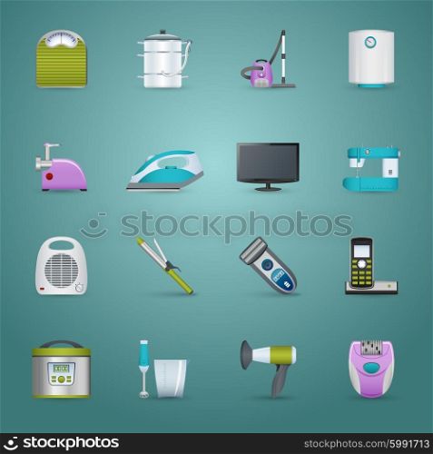 Home Appliances Icons Set . Home appliances realistic icons set with iron heater and vacuum cleaner isolated vector illustration