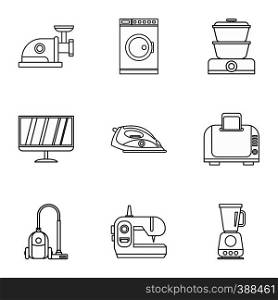 Home appliances icons set. Outline illustration of 9 home appliances vector icons for web. Home appliances icons set, outline style