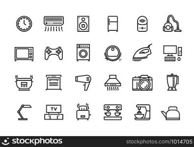 Home appliances line icons. Household electric devices, kitchen equipment and smart utensils. Vector illustration outline TV microwave lamp and other house electronics set for logo services. Home appliances line icons. Household electric devices, kitchen equipment and smart utensils. Vector TV microwave lamp set