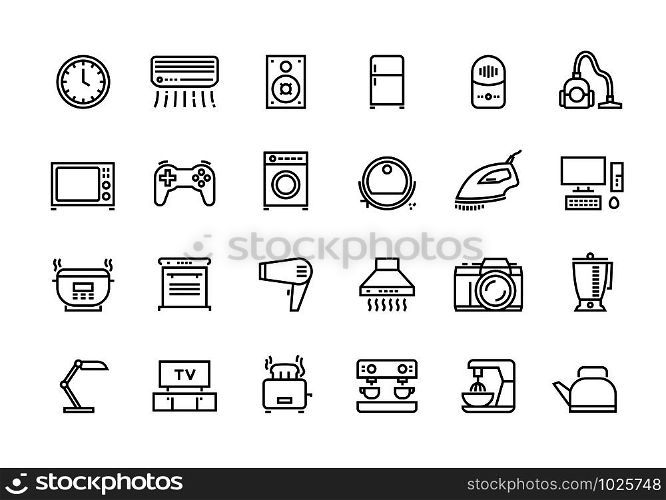 Home appliances line icons. Household electric devices, kitchen equipment and smart utensils. Vector illustration outline TV microwave lamp and other house electronics set for logo services. Home appliances line icons. Household electric devices, kitchen equipment and smart utensils. Vector TV microwave lamp set