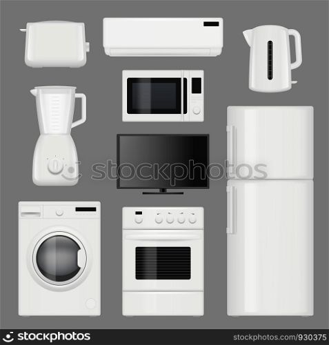 Home appliances realistic. Modern stainless steel kitchen tools vector pictures isolated. Illustration of equipment kitchen, wash machine and refrigerator. Home appliances realistic. Modern stainless steel kitchen tools vector pictures isolated