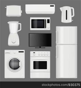 Home appliances realistic. Modern stainless steel kitchen tools vector pictures isolated. Illustration of equipment kitchen, wash machine and refrigerator. Home appliances realistic. Modern stainless steel kitchen tools vector pictures isolated