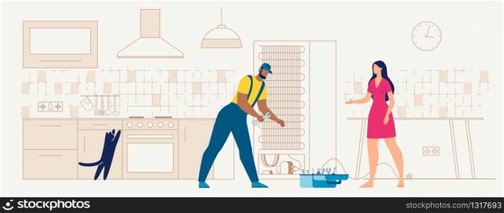 Home Appliances Repair Service Flat Vector Concept with Serviceman in Uniform, Using Tools, Repairing Broken or Installing New Fridge on Kitchen, Woman Telling About Problems to Repairman Illustration