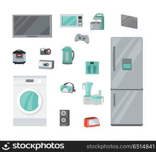 Home Appliances Vectors Set in Flat Design. Home Appliances for cooking, washing, entertainment. Technique for housekeeping flat vector illustrations isolated on white background. Kitchen, gaming, music, electronic equipment set for stores ad. Home Appliances Vectors Set in Flat Design