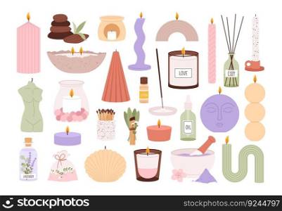 Home aroma candles, incense and meditation elements. Woman relax tools, aromatherapy scent and scented aromatic wax candles. Racy vector home of candle aromatherapy to meditation illustration. Home aroma candles, incense and meditation elements. Woman relax tools, aromatherapy scent and scented aromatic wax candles. Racy vector home decorations
