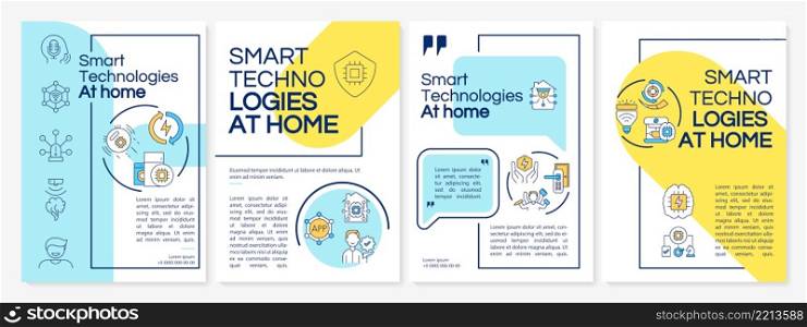 Home automation blue and yellow brochure template. House remote control. Leaflet design with linear icons. 4 vector layouts for presentation, annual reports. Questrial, Lato-Regular fonts used. Home automation blue and yellow brochure template