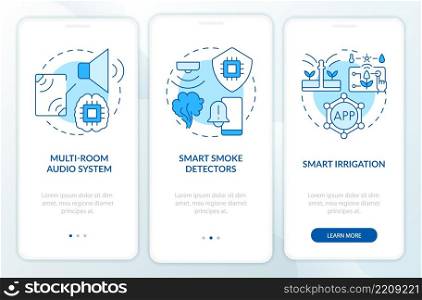 Home automation devices blue onboarding mobile app screen. Smoke detector walkthrough 3 steps graphic instructions pages with linear concepts. UI, UX, GUI template. Myriad Pro-Bold, Regular fonts used. Home automation devices blue onboarding mobile app screen
