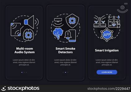 Home automation devices night mode onboarding mobile app screen. Walkthrough 3 steps graphic instructions pages with linear concepts. UI, UX, GUI template. Myriad Pro-Bold, Regular fonts used. Home automation devices night mode onboarding mobile app screen