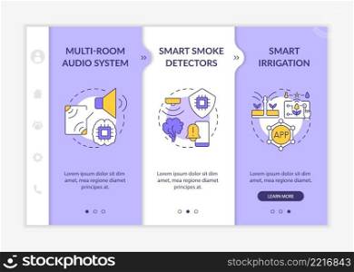 Home automation products purple and white onboarding template. Smoke detectors. Responsive mobile website with linear concept icons. Web page walkthrough 3 step screens. Lato-Bold, Regular fonts used. Home automation products purple and white onboarding template