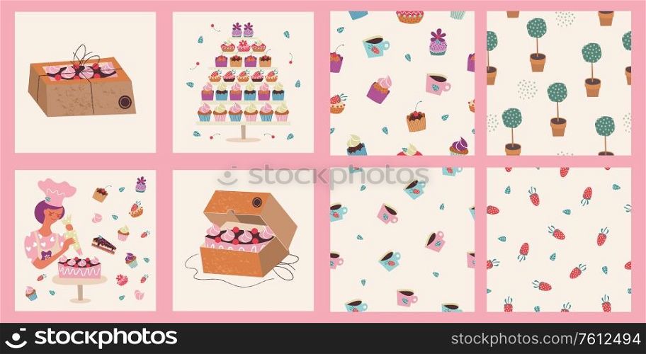 Home bakery. A female pastry chef decorates the cake with cream. Cake in a cardboard box. Delivery of confectionery products. Vector illustration. A set of seamless patterns.. Home bakery. A female pastry chef decorates the cake with cream. Vector illustration. A set of seamless patterns.