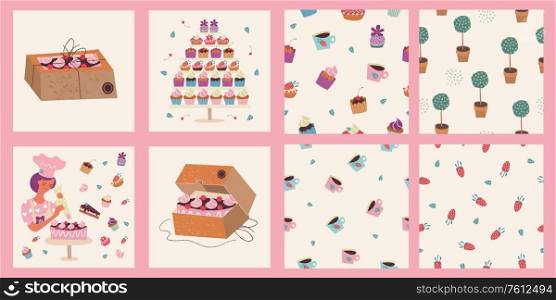 Home bakery. A female pastry chef decorates the cake with cream. Cake in a cardboard box. Delivery of confectionery products. Vector illustration. A set of seamless patterns.. Home bakery. A female pastry chef decorates the cake with cream. Vector illustration. A set of seamless patterns.