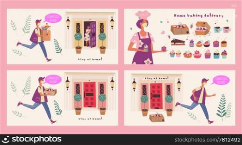 Home bakery. Female pastry chef in a medical mask. A set of beautiful cakes and pies. Contactless delivery of products and confectionery. Vector illustration.. Home bakery. Contactless delivery. Vector illustration.