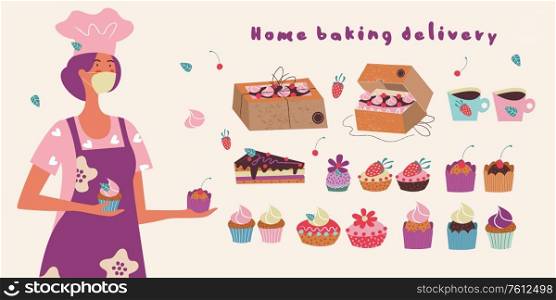 Home baking delivery. Female pastry chef in a medical mask. Set of vector beautiful and delicious cakes and pies. Vector illustration.. Home baking delivery. Vector illustration.