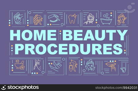 Home beauty procedures word concepts banner. Made beautiful nails. Infographics with linear icons on orange background. Baby foot treatment. Isolated typography. Vector outline RGB color illustration. Home beauty procedures word concepts banner