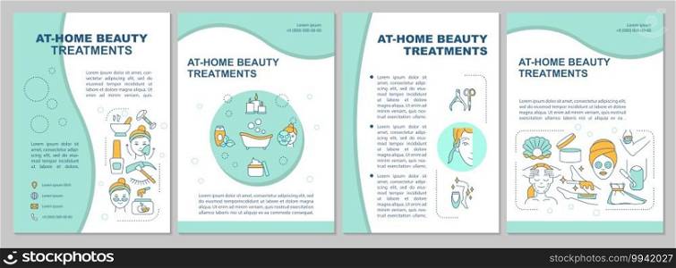 Home beauty treatments brochure template. Flyer, booklet, leaflet print, cover design with linear icons. Bodycare domestic procedures. Vector layouts for magazines, annual reports, advertising posters. Home beauty treatments brochure template