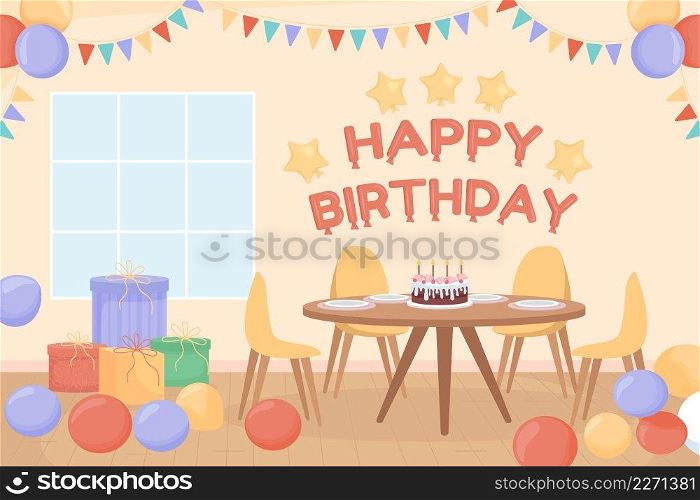 Home birthday party flat color vector illustration. Celebrating and greeting friends, family members. House party 2D simple cartoon interior with decorations on background. Fredoka One font used. Home birthday party flat color vector illustration