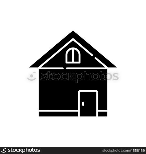 Home black glyph icon. House front. Small business. Store exterior. Residential construction. Real estate. Private suburb property. Silhouette symbol on white space. Vector isolated illustration. Home black glyph icon