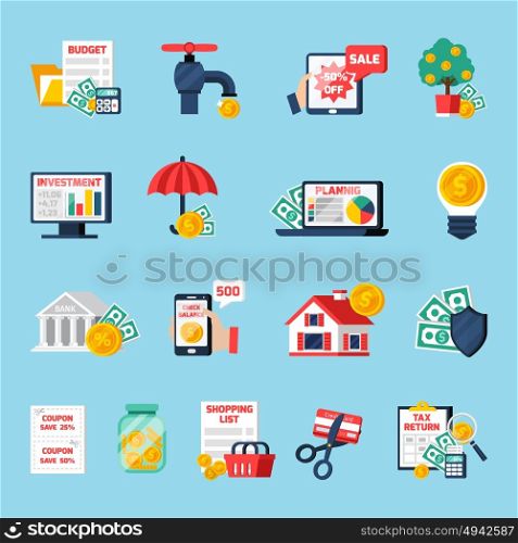 Home Budget Icons Set . Home budget icons set with counting money symbols on blue background flat isolated vector illustration