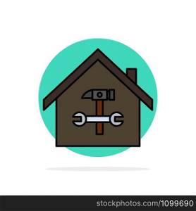 Home, Building, Construction, Repair, Hammer, Wrench Abstract Circle Background Flat color Icon
