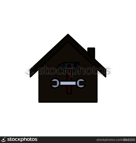 Home, Building, Construction, Repair, Hammer, Wrench Flat Color Icon. Vector icon banner Template