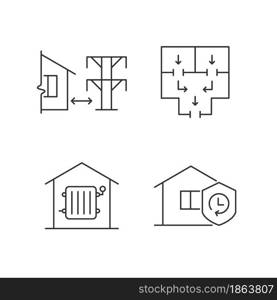 Home building regulation linear icons set. Distance from electric lines. Fire escape route. Customizable thin line contour symbols. Isolated vector outline illustrations. Editable stroke. Home building regulation linear icons set