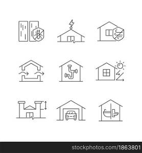Home building standards linear icons set. Pest management. Lightning rod. Weather resistance. Customizable thin line contour symbols. Isolated vector outline illustrations. Editable stroke. Home building standards linear icons set