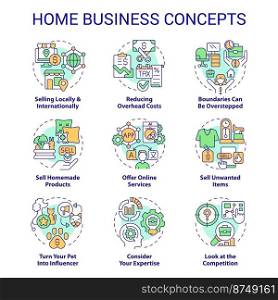 Home business concept icons set. Self employment. Family startup. Remote work idea thin line color illustrations. Isolated symbols. Editable stroke. Roboto-Medium, Myriad Pro-Bold fonts used. Home business concept icons set