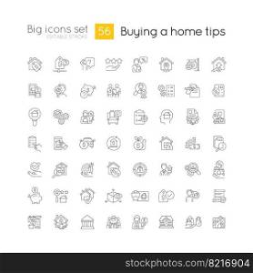Home buying guide linear big icons set. Real estate purchase. House hunting. Customizable thin line symbols. Isolated vector outline illustrations. Editable stroke. Quicksand-Light font used  . Home buying guide linear big icons set