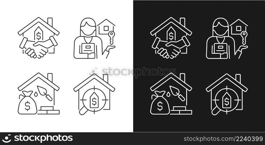 Home buying process linear icons set for dark, light mode. Real estate agent. Property mortgage. Searching house. Thin line symbols for night, day theme. Isolated illustrations. Editable stroke. Home buying process linear icons set for dark, light mode