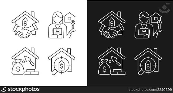 Home buying process linear icons set for dark, light mode. Real estate agent. Property mortgage. Searching house. Thin line symbols for night, day theme. Isolated illustrations. Editable stroke. Home buying process linear icons set for dark, light mode