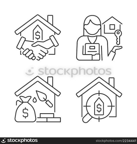 Home buying process linear icons set. Real estate agent. Property mortgage and loan. Searching house. Customizable thin line symbols. Isolated vector outline illustrations. Editable stroke. Home buying process linear icons set