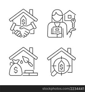 Home buying process linear icons set. Real estate agent. Property mortgage and loan. Searching house. Customizable thin line symbols. Isolated vector outline illustrations. Editable stroke. Home buying process linear icons set