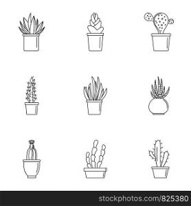 Home cactus pot icon set. Outline set of 9 home cactus pot vector icons for web design isolated on white background. Home cactus pot icon set, outline style