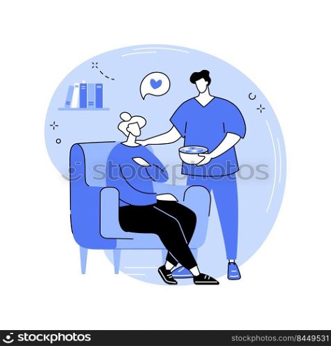 Home care service isolated cartoon vector illustrations. Caregiver caring for an elderly person, feeding, prepare food, nursing assistance, professional home care service vector cartoon.. Home care service isolated cartoon vector illustrations.