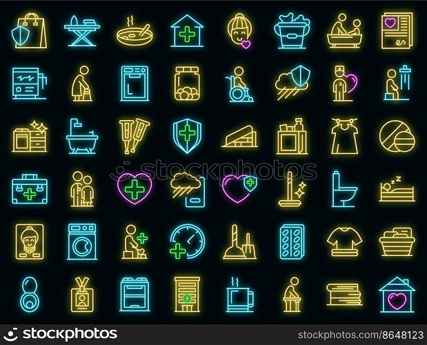 Home care services icons set outline vector. Old senior. Nurse people. Home care services icons set vector neon